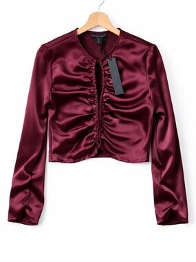 Windsor Wine Satin Ruched Long-Sleeve Crop Top